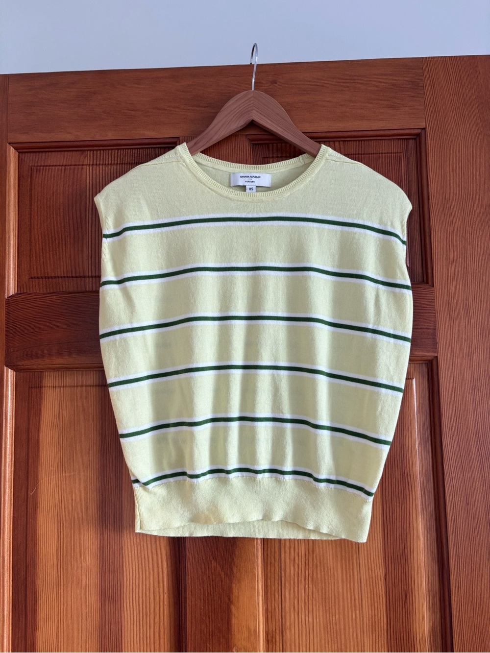 Banana Republic Light Yellow Crewneck Sweater with Green & White Stripes